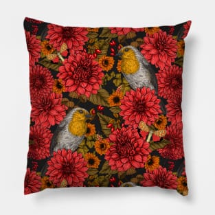 Robins in the autumn garden, red dahlias on black Pillow