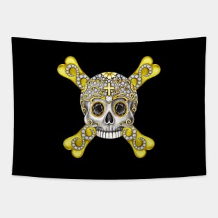 Skull and crossbone set with diamond silver and gold design. Tapestry