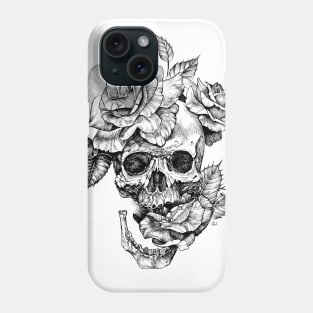 Black and White ink drawing Skull With Roses Phone Case