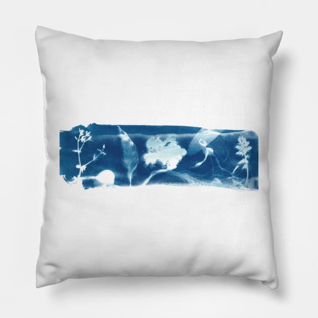 Beach landscape collage in cyanotype blue Pillow by kittyvdheuvel