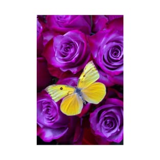 Yellow Butterfly Resting On Purple Red Roses T-Shirt