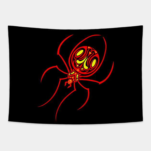 Red and Yellow Tribal / Tattoo Art Spider Tapestry by Designs by Darrin