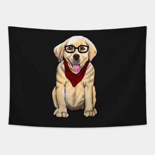 Dog wearing glasses and red scarf cute Golden Labrador retriever puppy dog Tapestry