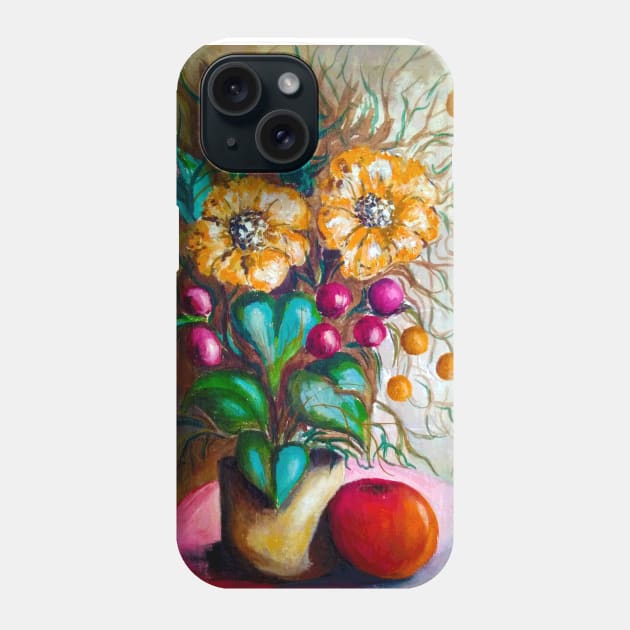 jar with yellow flowers and purple berries Phone Case by Marccelus