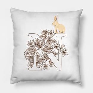 Letter N autumn and funny rabbit theme September and October Brown colors gift idea Pillow