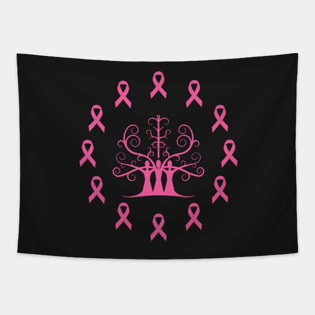 Breast Cancer Awareness Dark Pink Ribbon Sisters Tree Of Life Tapestry by SubtleSplit