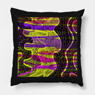 Jungle Fever. An abstract design with a tribal feel. Swirls, lines and patterns in hot pink, purple and yellow on a black background. Pillow