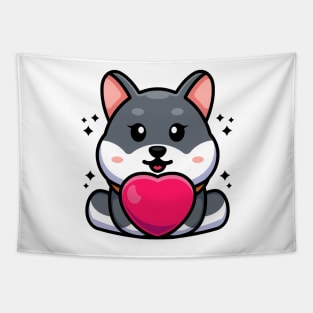 Cute baby husky dog cartoon with love Tapestry