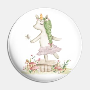 Unicorn dancing among flowers and mushrooms - watercolour Pin