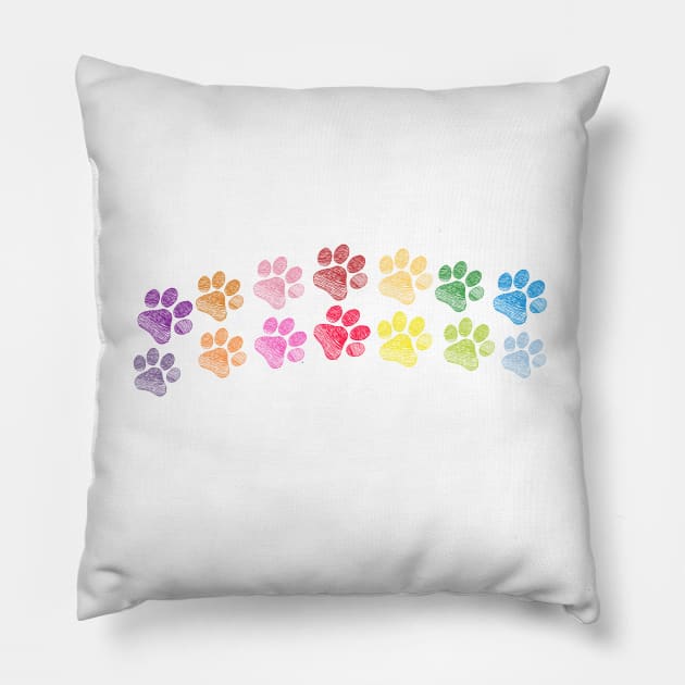 Cute doodle hand drawn colorful paw prints foot step vector Pillow by GULSENGUNEL