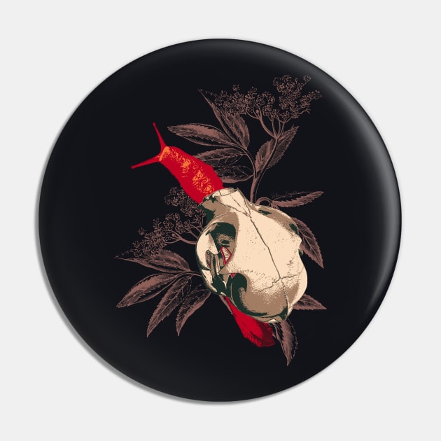 Enigmatic Escargots: Spooky Art Print Featuring Red Snail Donning Cat Skull Shell Pin by venglehart