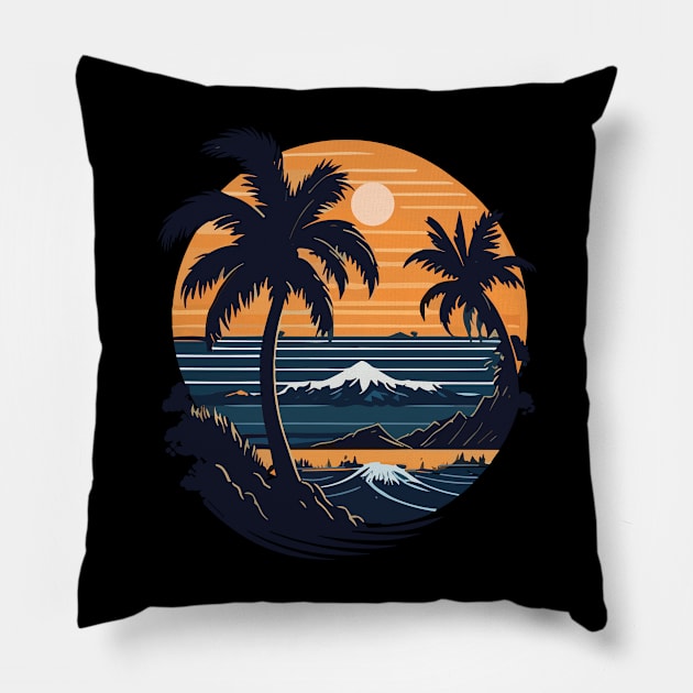 Beautiful Retro, Vintage Sunset, Sea and Palm Trees Pillow by Henok D.