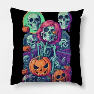 Skeleton Gang and Pumpkin Halloween Theme. Pillow