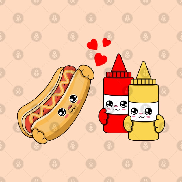 All i need is hot dogs ketchup and mustard, Kawaii hot dogs ketchup and mustard cartoon. by JS ARTE