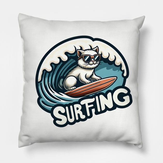 cat surfing ocean wave Pillow by Dracoola