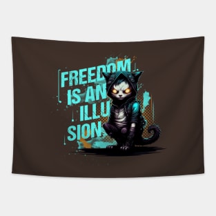 Cyberspace Cat Freedom is an Illusion Dark Background Tapestry