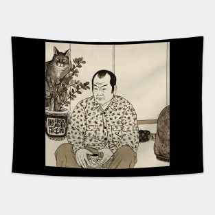 Asian elderly man sitting in lotus position drinking tea Tapestry