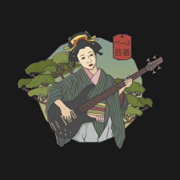 Japanese Geisha Girl Bass Guitar Player Vintage Art by MythoCulture