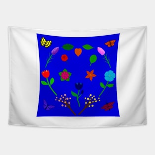 Scattered Flowers and Butterflies, blue background Tapestry