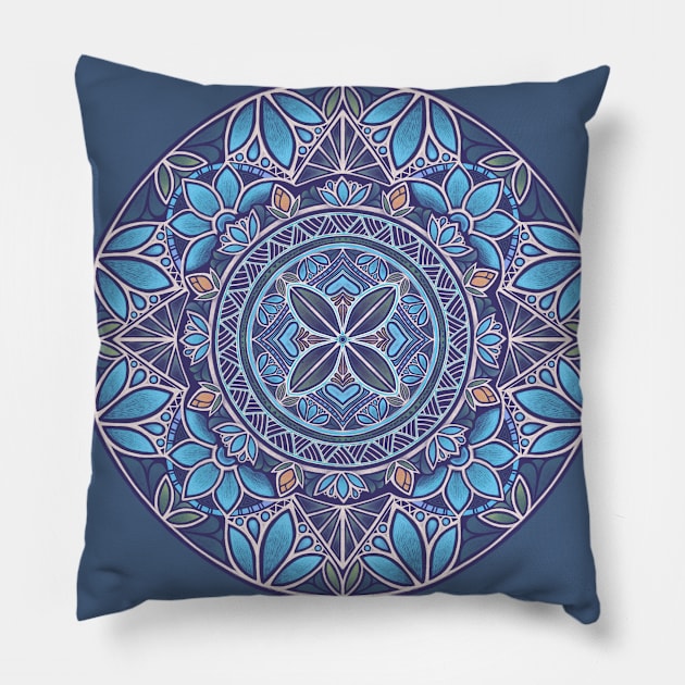 Floral Star Pacific Mandala blue sky Pillow by AprilAppleArt