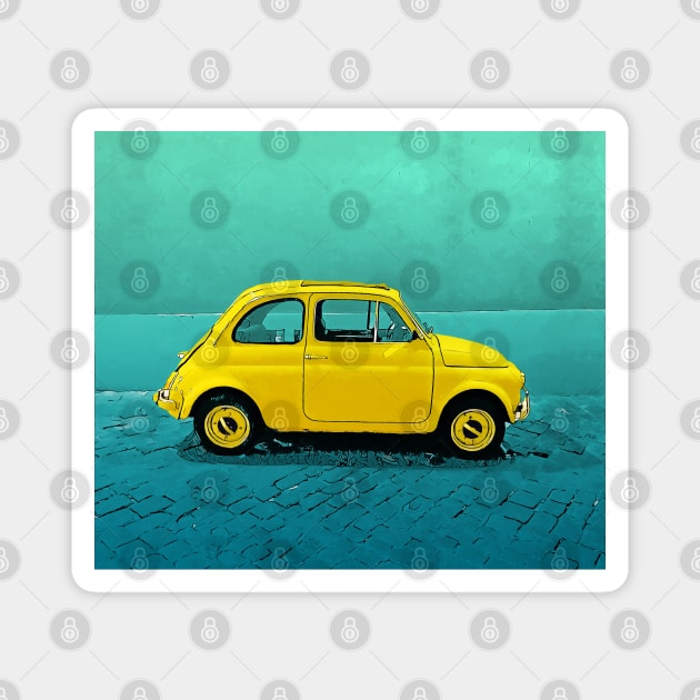 Classic yellow Fiat 500 on an aqua street Magnet by CACreative