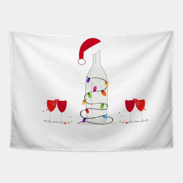 Christmas champagne bottle with colorful light bulb and Santa Claus hat. Wine glass and cocktail party Tapestry by GULSENGUNEL