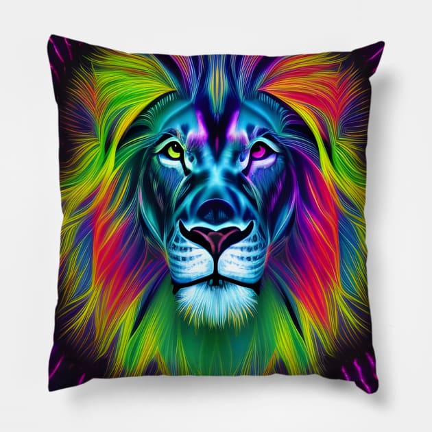 Psychedelic Neon Lion Pillow by SmartPufferFish