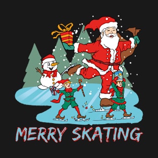 Funny Ice Skating Santa With Christmas Elves Xmas T-Shirt