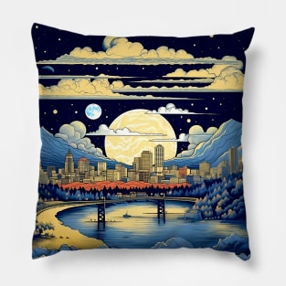 Full Blue Moon Over Portland Oregon on a Dark Background Pillow