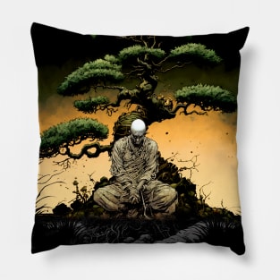 Tranquility in Chaos: Meditating Under the Japanese Bonsai Tree on a Dark Background Pillow