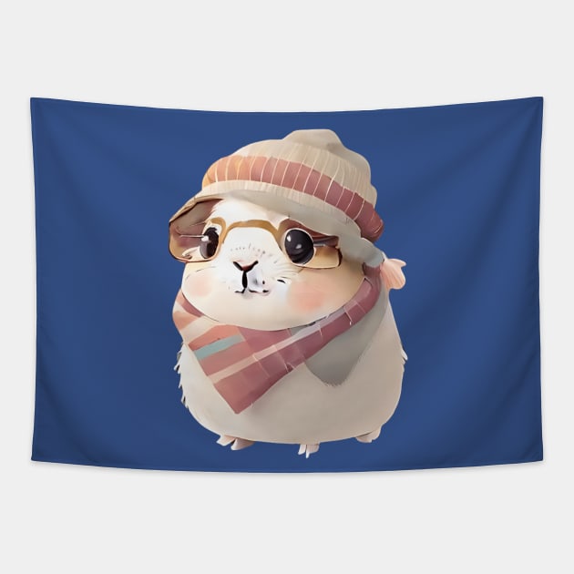 Cute Guinea Pig with Glasses and Winter Clothes Tapestry by PRINT OF ANIMAL