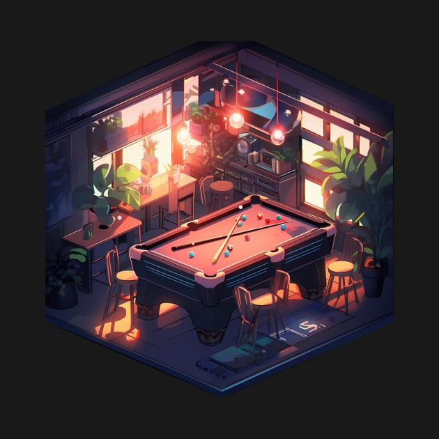 Luminous Isometric Haven: Cool Lighting and Pool Table by TeeTopiaNovelty