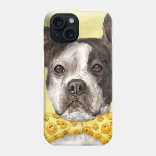 A Painting of a Boston Terrier with a Bow Tie with Smiley Pattern, Yellow Background Phone Case