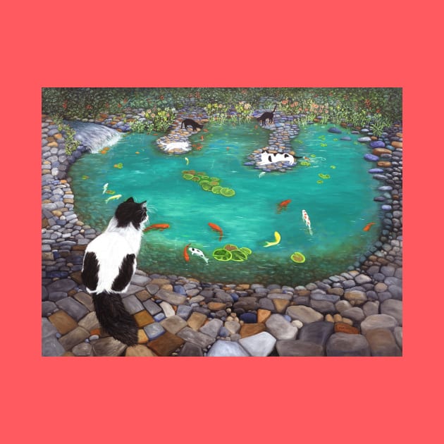 Tuxedo Cats at the Koi Pond by KarenZukArt