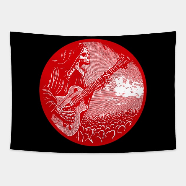 Reaper Riffs Unleash the Power of the Afterlife with our Electric Guitar-Strumming Grim Reaper Design! Red version. Dark meets Rock in this Edgy Artwork – Perfect for Those Who Crave Musical Macabre Tapestry by LastViewGallery