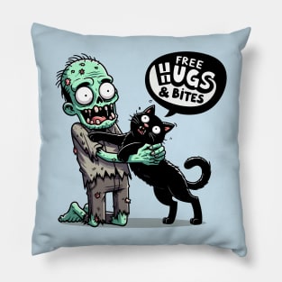 Free Hugs and bites - Zombie hugging black cat Pillow