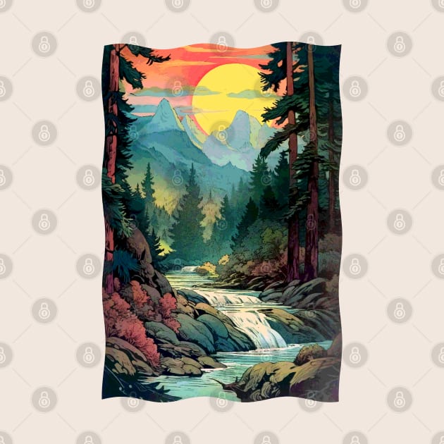 Mountains River Trees with Sunrise by Pine Hill Goods