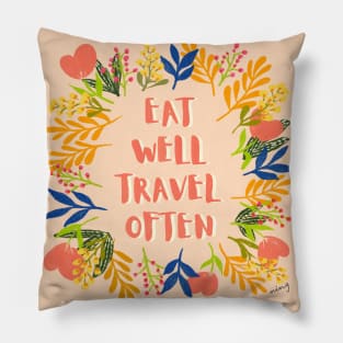 Eat Well Travel Often Peach | Floral Wreath | Quote Pillow