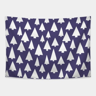 Silhouettes of white Christmas trees on dark blue Tapestry