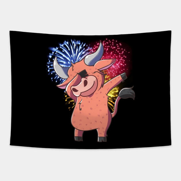 Dabbing Ox with Fireworks ~ Chinese New Year of the Ox Tapestry by Colored Stardust