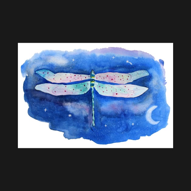 whimsical watercolor dragonfly with starscape background by Sandraartist