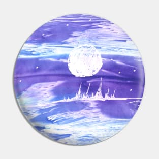 Landscape, moon, full moon, night. Hand drawn color illustration, painting, encaustic, wax. Pin