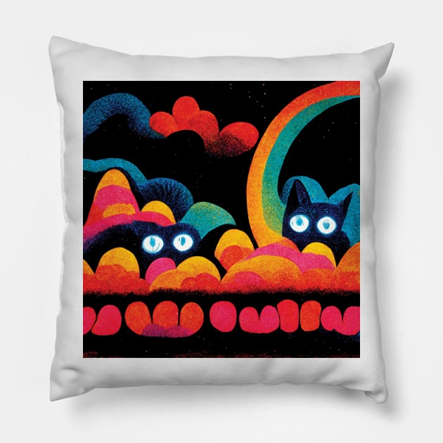 Two Smol Kittens on Rainbow Clouds Pillow by CafePurr