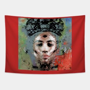 Beautiful girl face, ovarlay with some shapes. Gray, red. Interesting. Tapestry