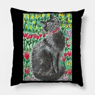 Happy cat in the garden painting Pillow