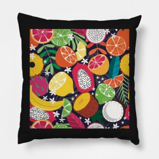 Colorful, juicy pattern with tropical fruits like lemon, pineapple, coconut, pitaya, dragonfruit, lime, banana, orange on dark background Pillow