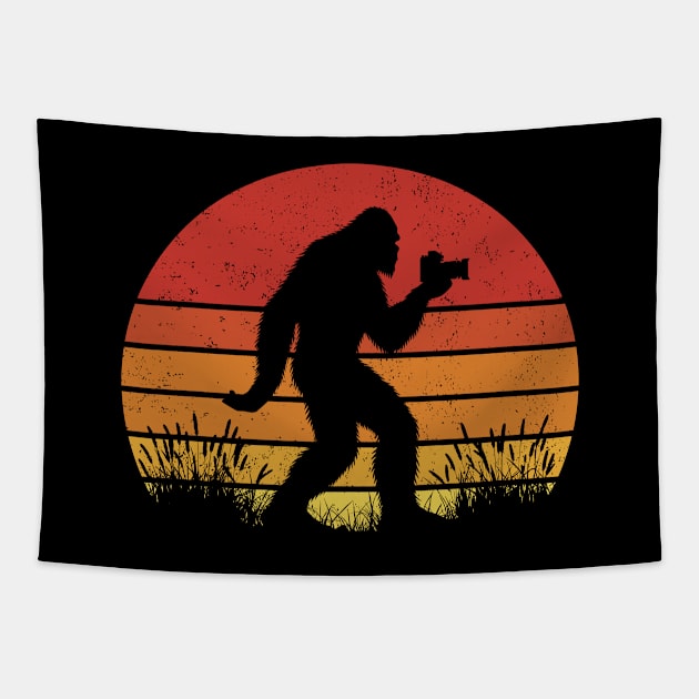 Bigfoot Taking Pictures Vintage Sunset Photographer Tapestry by Cuteness Klub