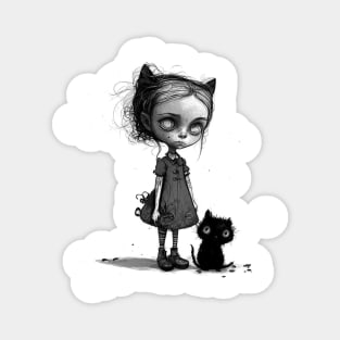 Little Girl with black Cat Magnet