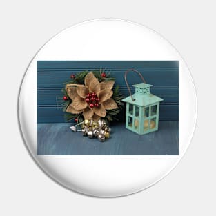 Christmas decorations with candle lamp on a wooden background Pin