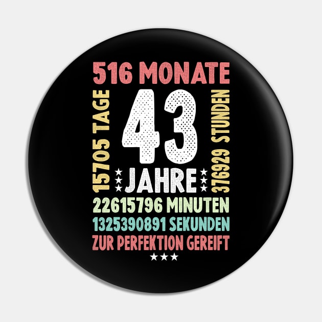 43. Geburtstag - dreiundvierzig Jahre alt - Countdown Geburtstag - 43 und ehrfürchtigen Geschenk Pin by ZACSHOPP